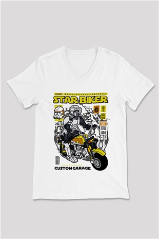 Star Biker Baskılı Unisex Beyaz V Yaka Tişört