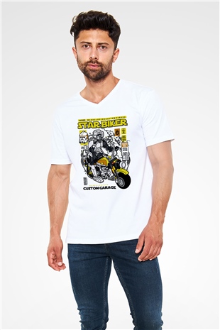 Star Biker Baskılı Unisex Beyaz V Yaka Tişört