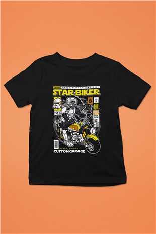 Star Biker Baskılı Unisex Siyah Çocuk Tişört
