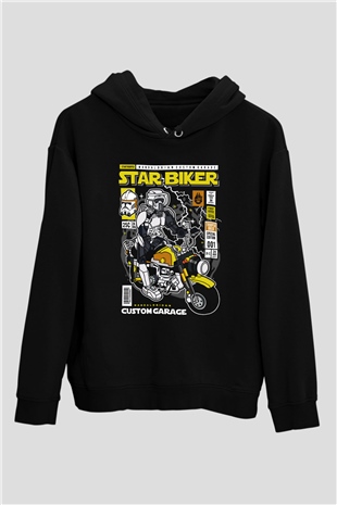 Star Biker Baskılı Unisex Siyah Hoodie