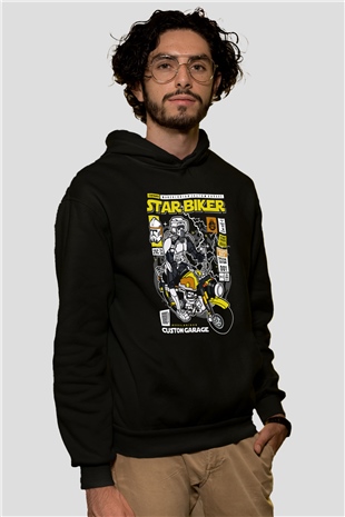 Star Biker Baskılı Unisex Siyah Hoodie