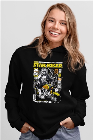 Star Biker Baskılı Unisex Siyah Hoodie