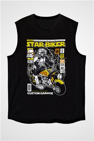 Star Biker Baskılı Unisex Siyah Kolsuz Tişört
