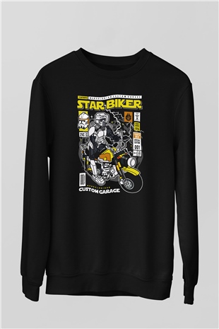 Star Biker Baskılı Unisex Siyah Sweatshirt