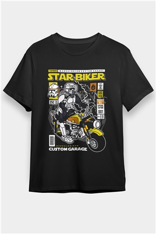 Star Biker Baskılı Unisex Siyah Tişört
