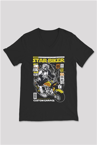 Star Biker Baskılı Unisex Siyah V Yaka Tişört