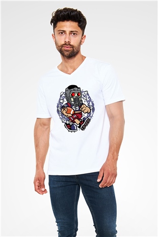 Star Lord Football Baskılı Beyaz Unisex V Yaka Tişört