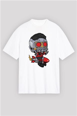 Star Lord Rocket Baskılı Beyaz Unisex Oversize Tişört