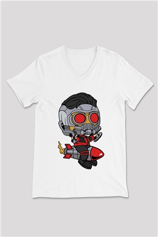 Star Lord Rocket Baskılı Beyaz Unisex V Yaka Tişört