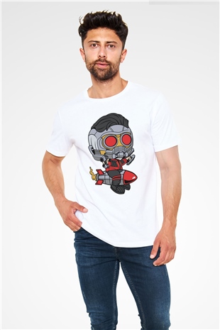 Star Lord Rocket Baskılı Beyaz Unisex Tişört