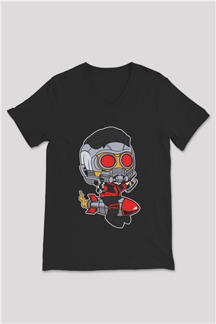 Star Lord Rocket Baskılı Siyah Unisex V Yaka Tişört