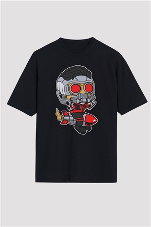 Star Lord Rocket Baskılı Siyah Unisex Oversize Tişört