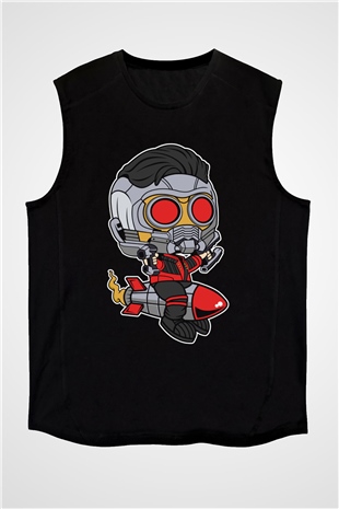 Star Lord Rocket Baskılı Siyah Unisex Kolsuz Tişört