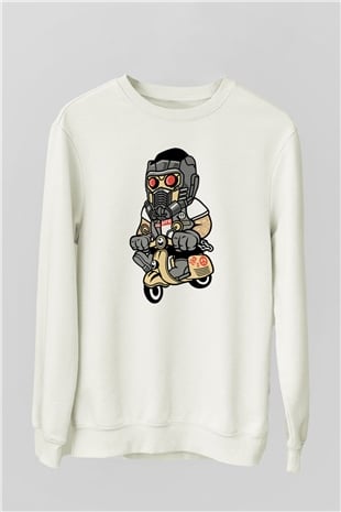 Star Lord Scooter Baskılı Beyaz Unisex Sweatshirt