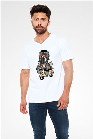 Star Lord Scooter Baskılı Beyaz Unisex V Yaka Tişört