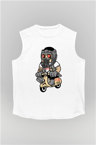Star Lord Scooter Baskılı Beyaz Unisex Kolsuz Tişört