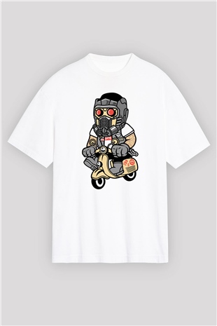 Star Lord Scooter Baskılı Beyaz Unisex Oversize Tişört