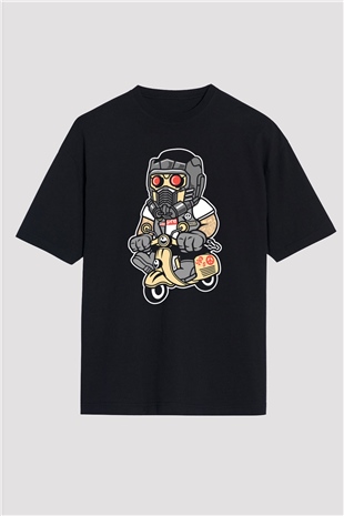 Star Lord Scooter Baskılı Siyah Unisex Oversize Tişört