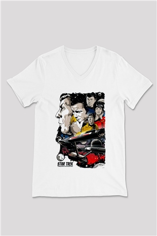 Star Trek Beyaz Unisex V Yaka Tişört
