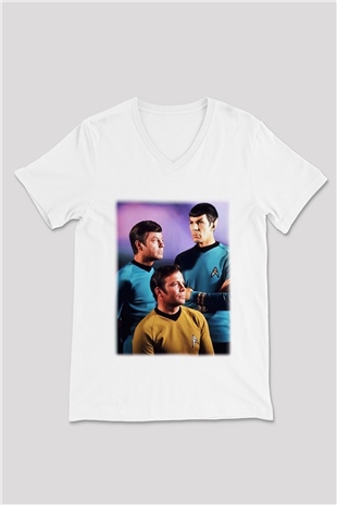 Star Trek Beyaz Unisex V Yaka Tişört T-Shirt