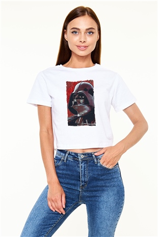 Star Wars (Dart Vader) Baskılı Beyaz Crop Top Kadın Tişört - Tshirt