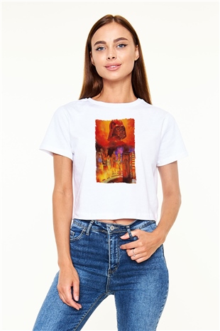 Star Wars (Dart Vader) Baskılı Beyaz Crop Top Kadın Tişört - Tshirt