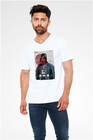 Star Wars (Dart Vader) Baskılı Beyaz Unisex V Yaka Tişört - Tshirt