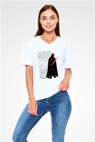 Star Wars (Dart Vader) Baskılı Beyaz Unisex V Yaka Tişört - Tshirt