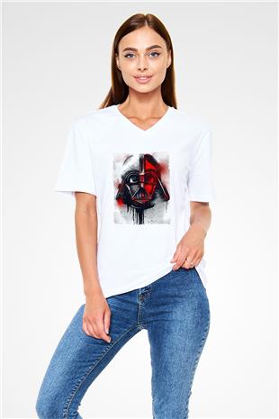 Star Wars (Dart Vader) Baskılı Beyaz Unisex V Yaka Tişört - Tshirt