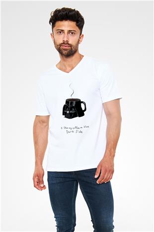 Star Wars (Dart Vader) Baskılı Beyaz Unisex V Yaka Tişört - Tshirt
