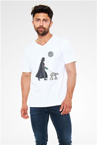 Star Wars (Dart Vader) Baskılı Beyaz Unisex V Yaka Tişört - Tshirt