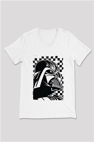 Star Wars (Dart Vader) Baskılı Beyaz Unisex V Yaka Tişört - Tshirt