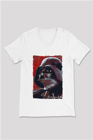 Star Wars (Dart Vader) Baskılı Beyaz Unisex V Yaka Tişört - Tshirt