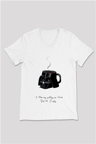 Star Wars (Dart Vader) Baskılı Beyaz Unisex V Yaka Tişört - Tshirt