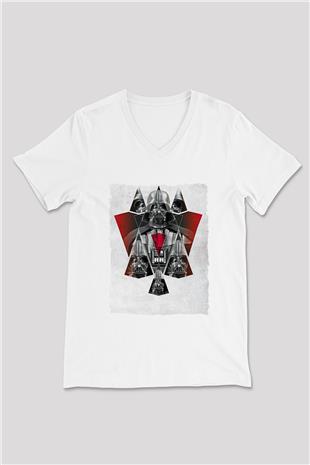 Star Wars (Dart Vader) Baskılı Beyaz Unisex V Yaka Tişört - Tshirt
