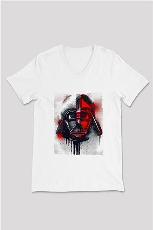 Star Wars (Dart Vader) Baskılı Beyaz Unisex V Yaka Tişört - Tshirt
