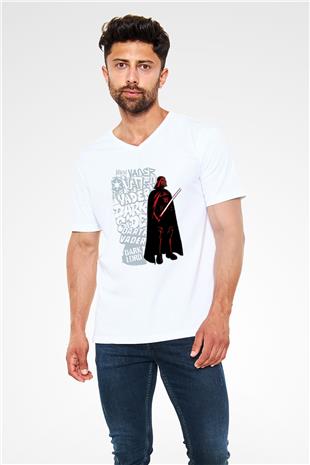 Star Wars (Dart Vader) Baskılı Beyaz Unisex V Yaka Tişört - Tshirt