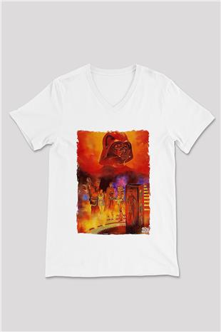 Star Wars (Dart Vader) Baskılı Beyaz Unisex V Yaka Tişört - Tshirt