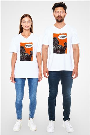 Star Wars (Dart Vader) Baskılı Beyaz Unisex V Yaka Tişört - Tshirt