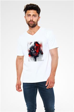 Star Wars (Dart Vader) Baskılı Beyaz Unisex V Yaka Tişört - Tshirt
