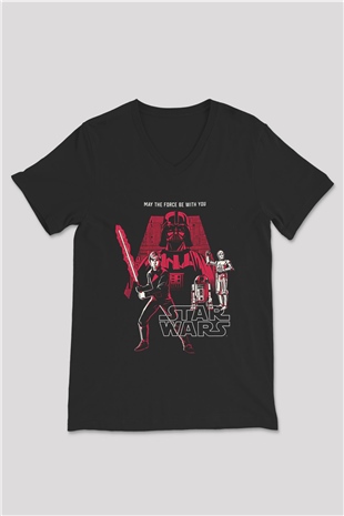 Star Wars (Dart Vader) Baskılı Unisex Siyah V Yaka Tişört - Tshirt