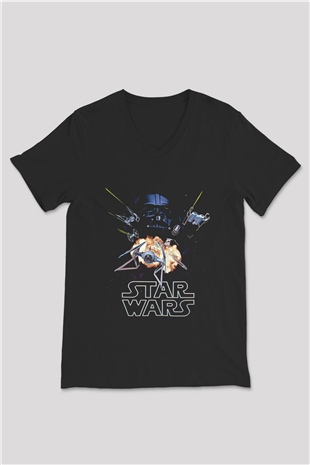 Star Wars (Dart Vader) Baskılı Unisex Siyah V Yaka Tişört - Tshirt