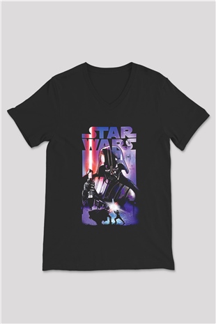 Star Wars (Dart Vader) Baskılı Unisex Siyah V Yaka Tişört - Tshirt