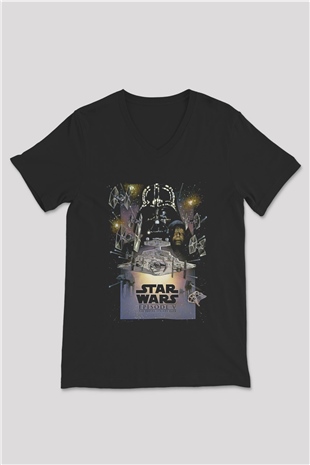 Star Wars (Dart Vader) Baskılı Unisex Siyah V Yaka Tişört - Tshirt