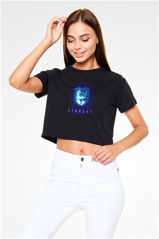 Starset Baskılı Siyah Crop Top Kadın Tişört - Tshirt