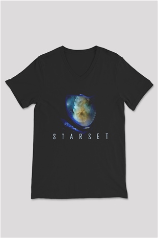Starset Baskılı Unisex Siyah V Yaka Tişört - Tshirt