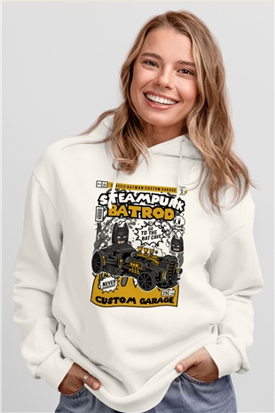 Steampunk BatRod Baskılı Unisex Beyaz Hoodie