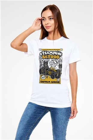 Steampunk BatRod Baskılı Unisex Beyaz Tişört
