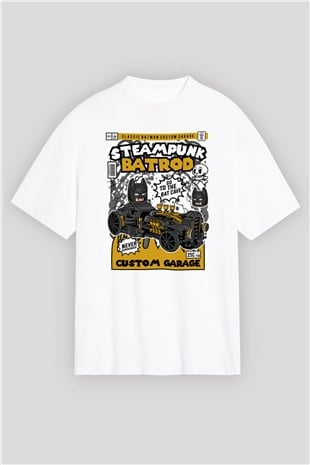 Steampunk BatRod Baskılı Unisex Beyaz Oversize Tişört