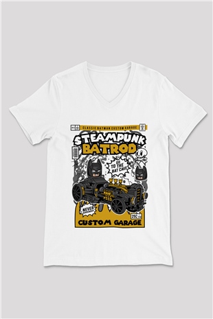 Steampunk BatRod Baskılı Unisex Beyaz V Yaka Tişört